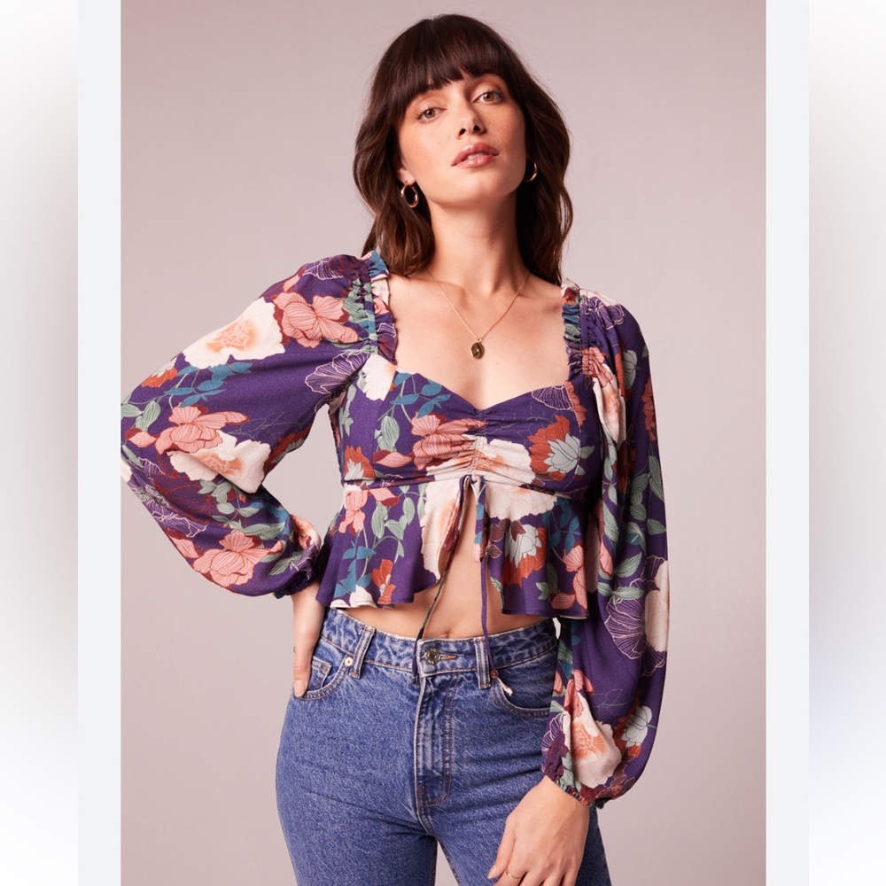 Free People NWT Women's Band of the Free Boho Purple Floral Long Sleeve Crop Top